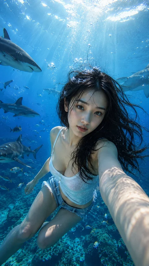 A woman with floating dark hair reaches toward the camera underwater with sharks swimming behind her.