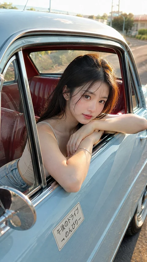 A person rests their arms on the open window of a pale blue vintage-style car with a red interior.