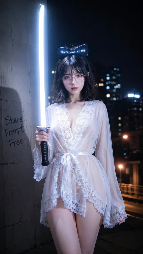 A woman in a flowing white lace outfit holds a bright blue-white glowing blade on a rooftop at night.