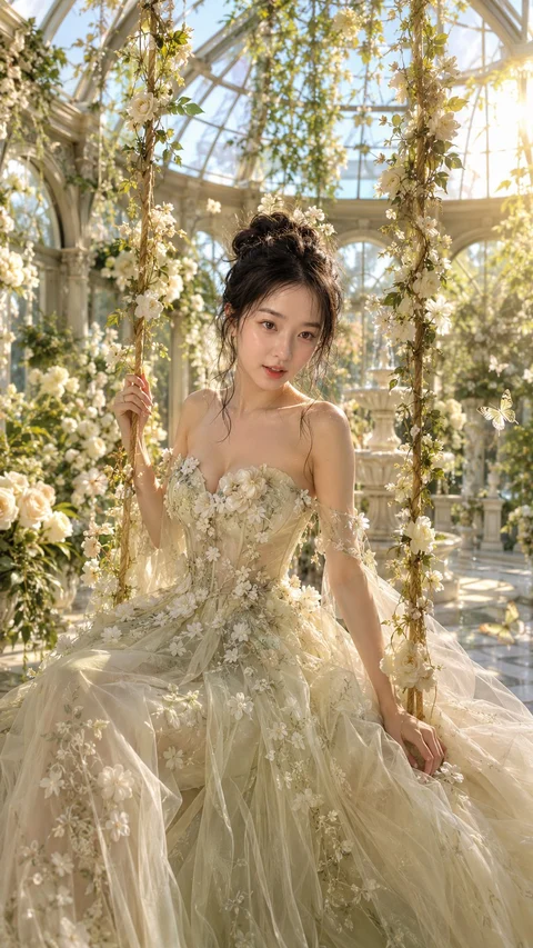 A person in an ornate pale gold gown sits amid hanging flowers and greenery in a bright glass-roofed interior.