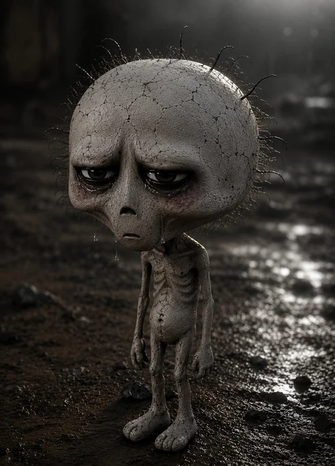A gray, large-headed fantasy creature stands on wet pavement in a dark, misty setting.