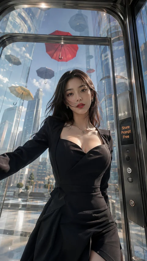 A woman wearing a fitted black dress stands inside a glass-walled structure overlooking the city.