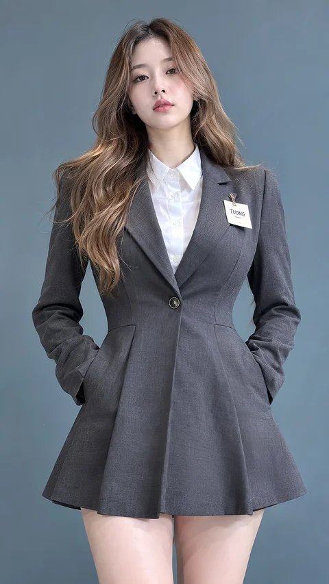 A woman wears a fitted gray blazer over a white shirt against a plain blue-gray studio background.