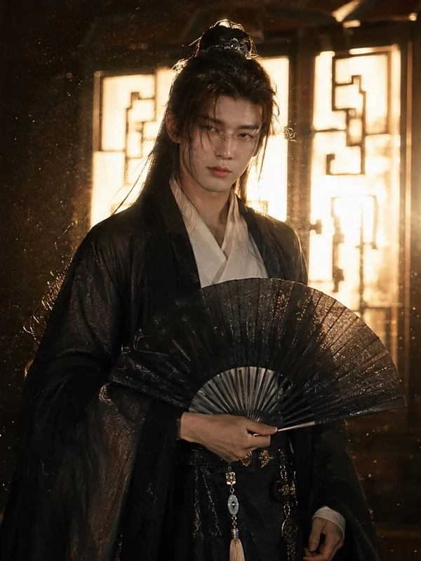 Man in dark traditional clothing holding a folding fan