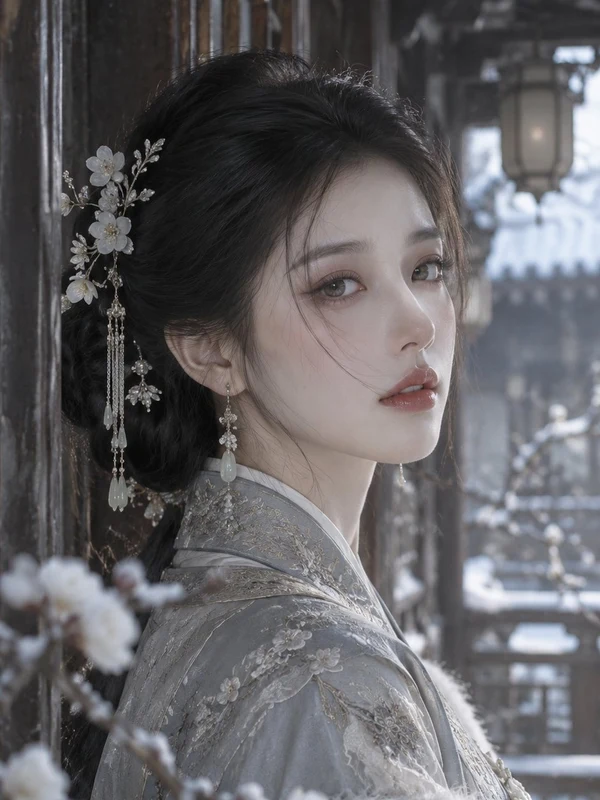 Woman in an ornate winter outfit with floral hair ornaments