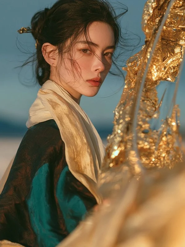 Woman in ornate traditional clothing before a circular golden structure