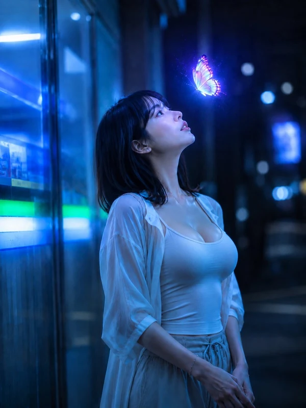Woman surrounded by softly glowing blue butterflies