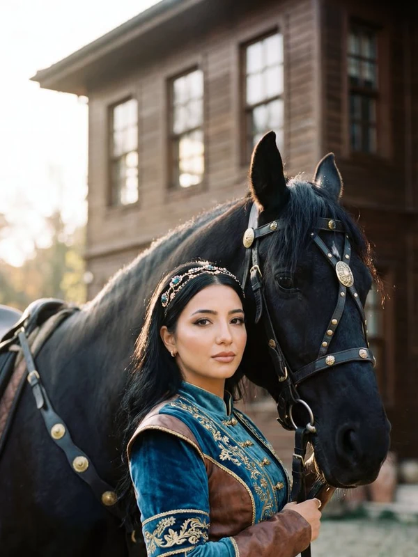 Woman in blue embroidered clothing beside a black horse in a courtyard