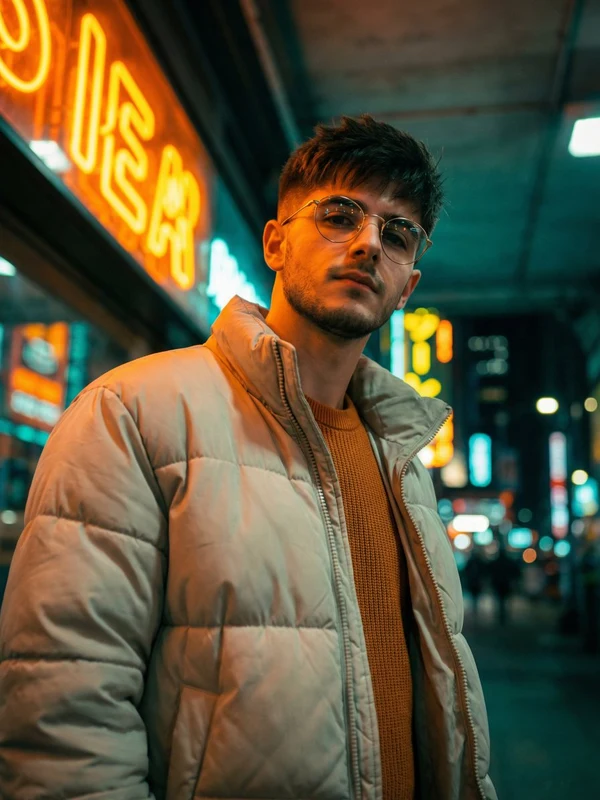 Man in a pale jacket in a neon-lit passage