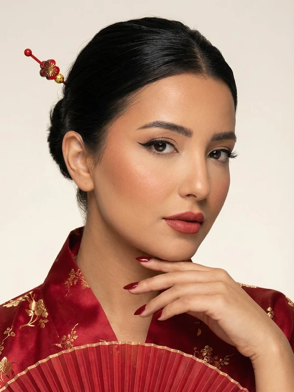 Close portrait of a woman in a red patterned kimono