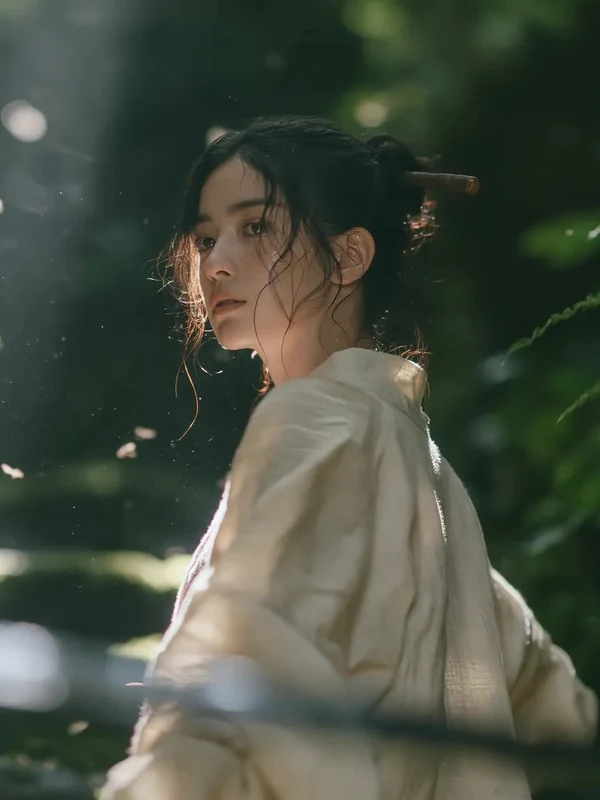 Woman in pale traditional clothing in a quiet forest