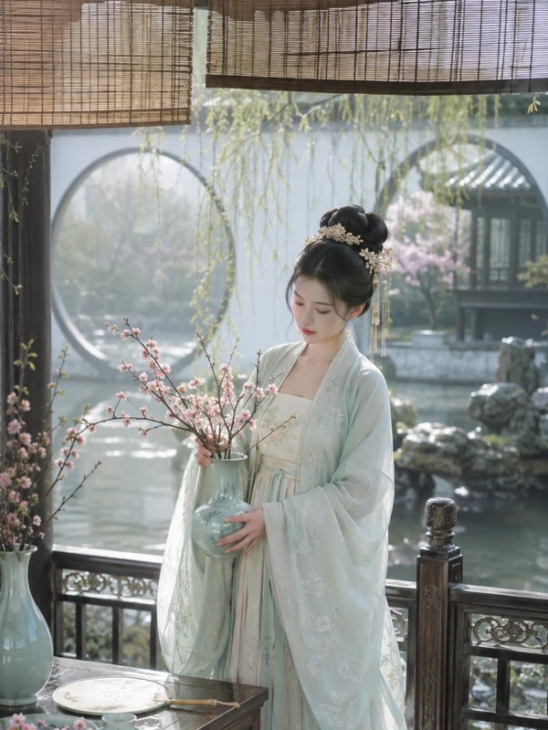 Woman arranging flowering branches in a traditional garden